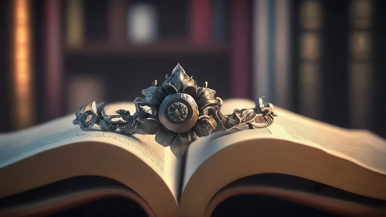 Una delicada cadena de plata con un dije en forma de flor, descansando sobre un libro abierto.