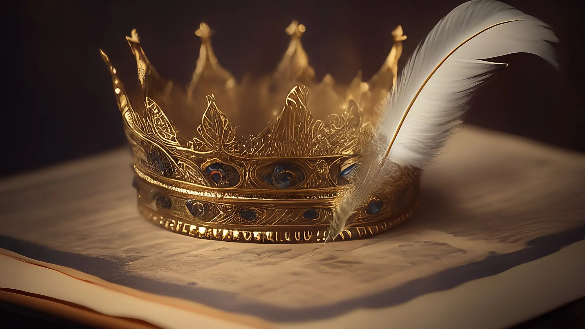 Una corona de oro sobre un pergamino antiguo, con una pluma estilográfica a un lado.