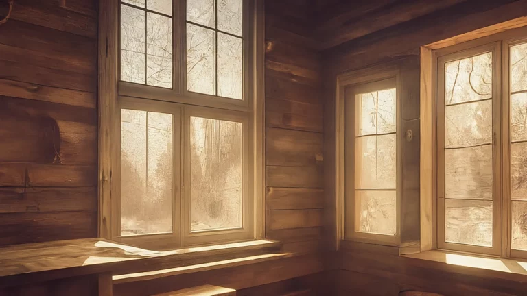 Una cuna de madera artesanal junto a una ventana que deja ver el amanecer.