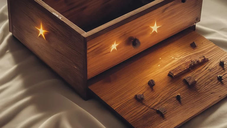 Una cuna de madera tallada con un móvil de estrellas y lunas sobre una suave manta blanca.