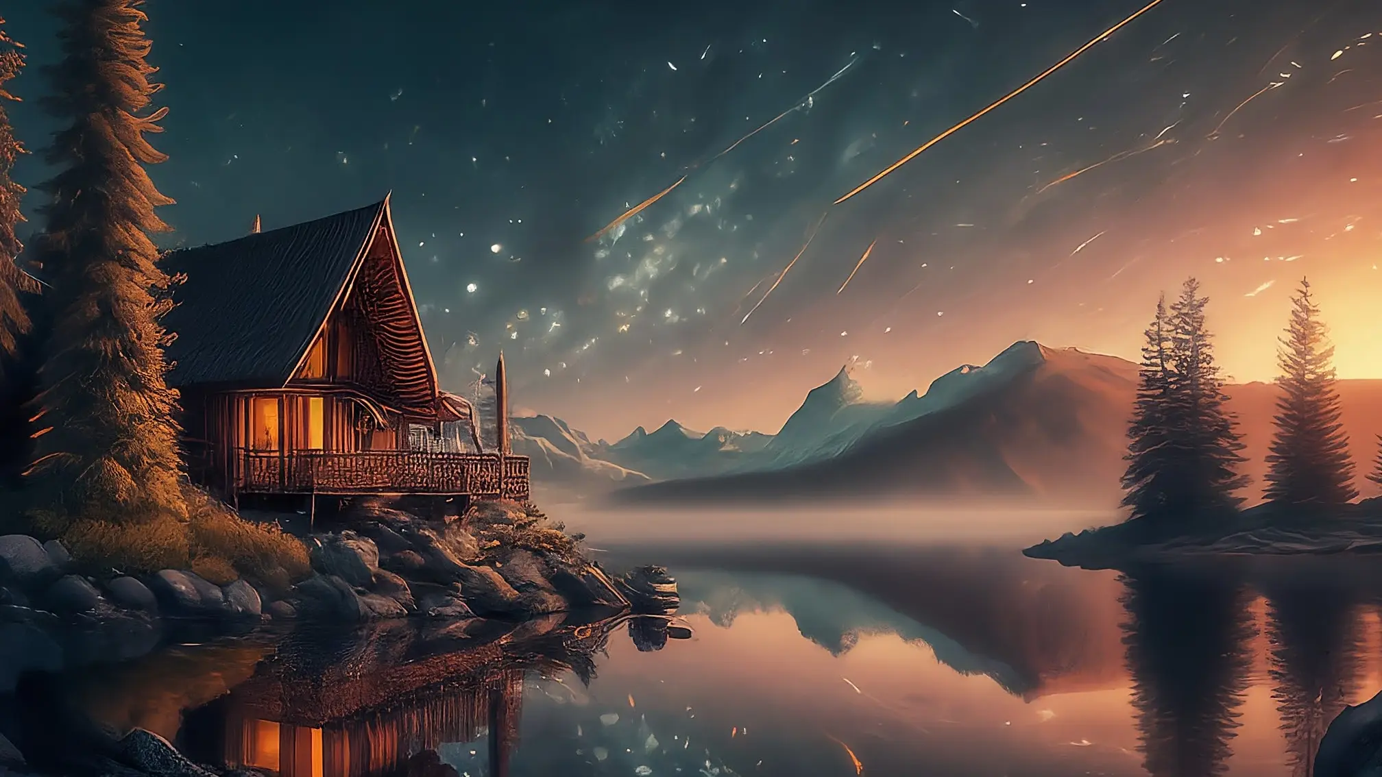 Una cuna de madera con un móvil de estrellas suaves, bañada por la luz cálida del atardecer.