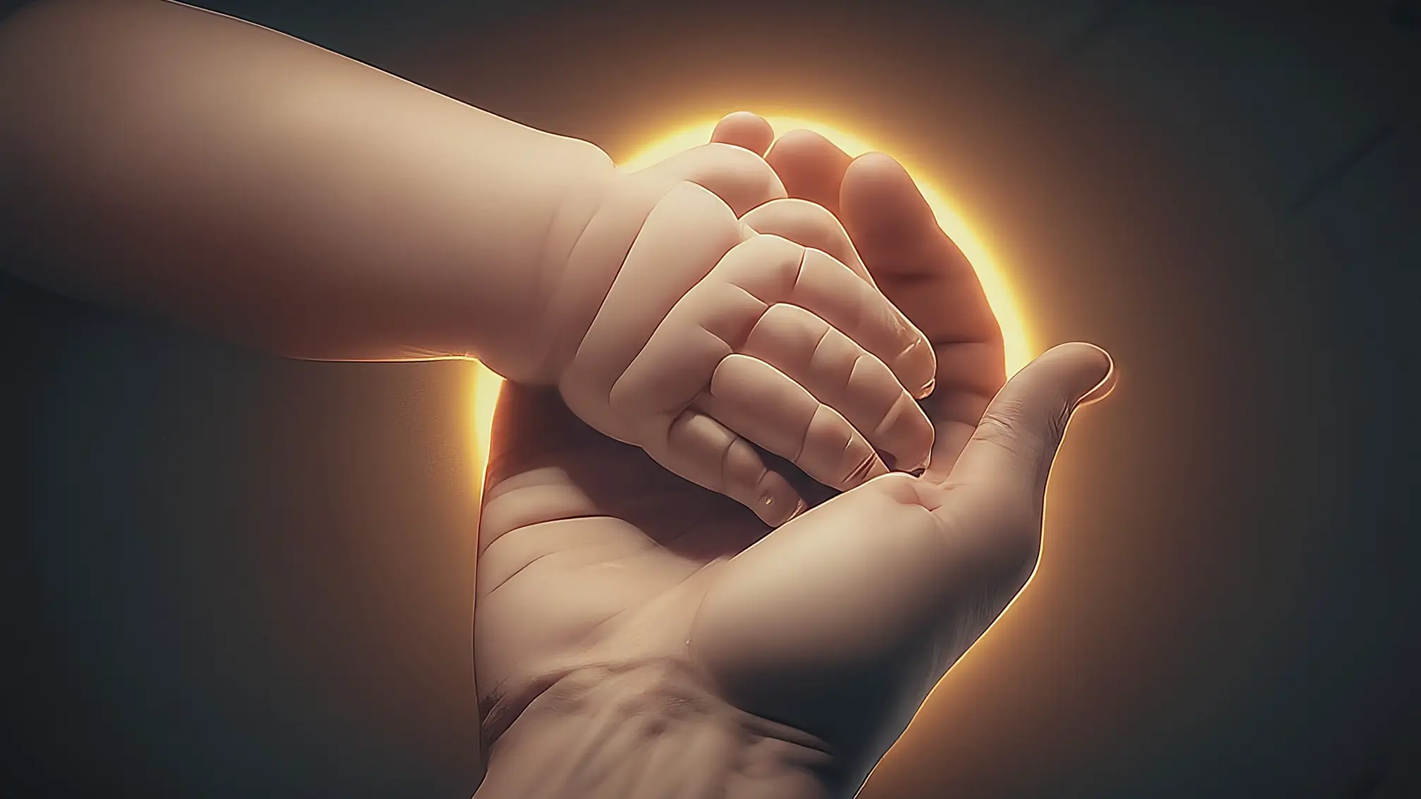 Una mano adulta sosteniendo suavemente la mano de un bebé, ambas manos rodeadas por un halo de luz dorada.