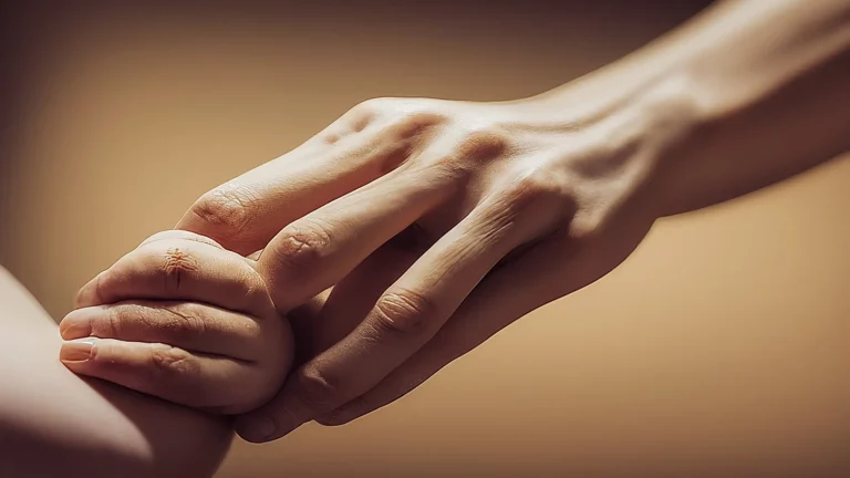 Una mano adulta sosteniendo suavemente la mano de un bebé, sobre un fondo de suaves tonos dorados.
