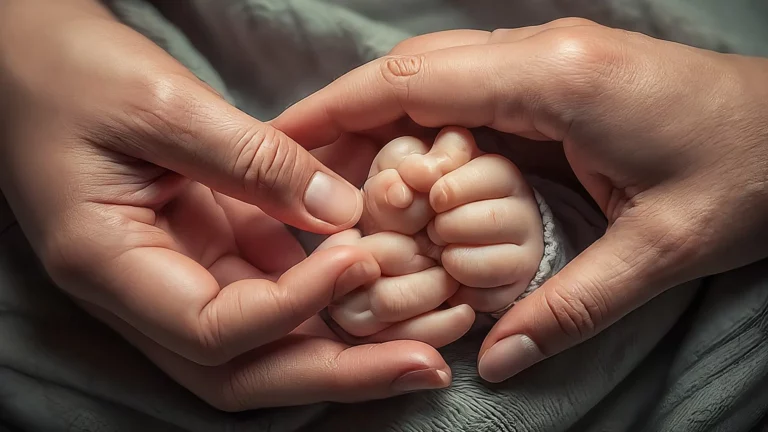 Una mano adulta sosteniendo suavemente la mano de un bebé, ambas manos con delicadas líneas grabadas, sobre un fondo de tonos cálidos.