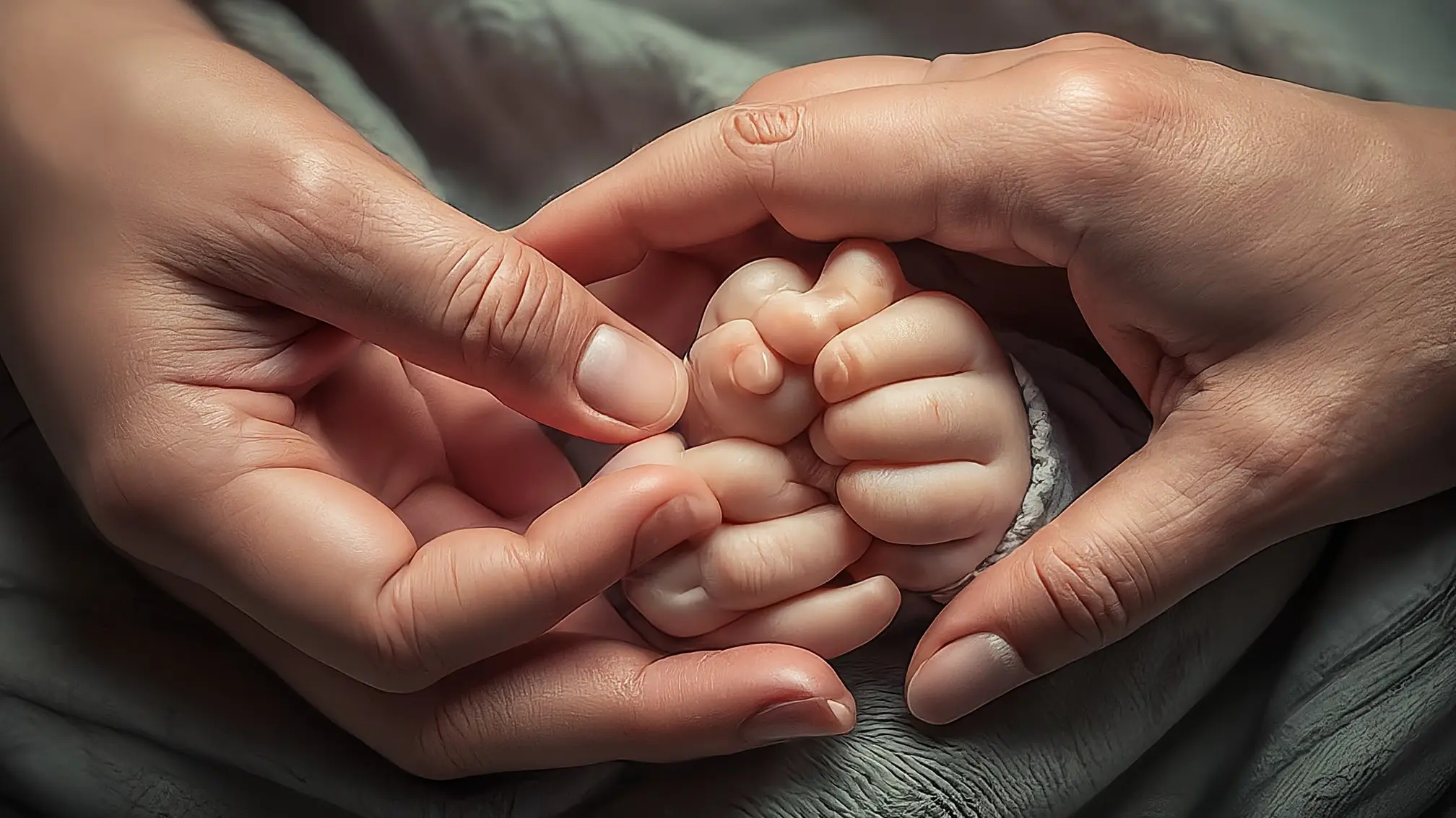 Una mano adulta sosteniendo suavemente la mano de un bebé, ambas manos con delicadas líneas grabadas, sobre un fondo de tonos cálidos.