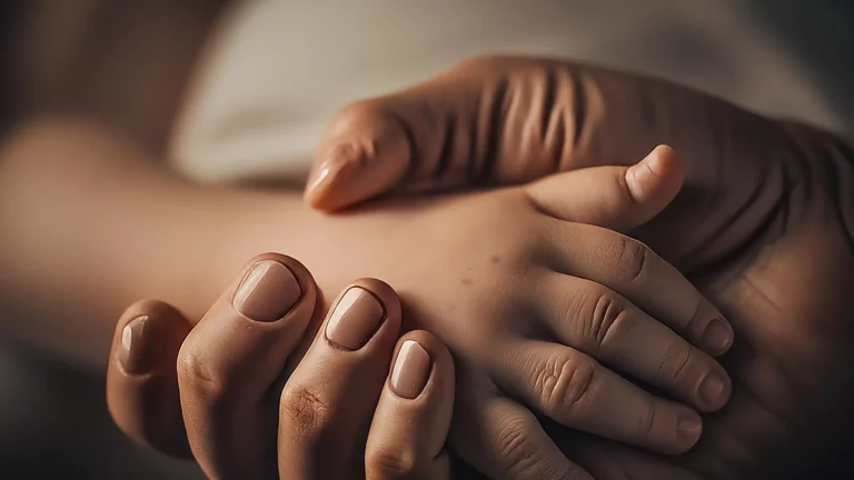 Una mano adulta sosteniendo tiernamente la mano de un bebé, sobre un fondo de suave luz dorada.