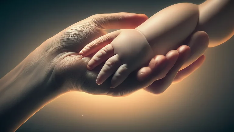 La mano de un adulto sosteniendo la mano de un bebé, ambos envueltos en una cálida luz dorada.
