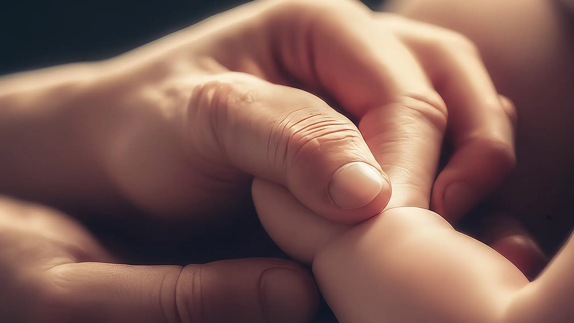La mano de un adulto sosteniendo la mano de un bebé, sobre un fondo de luz suave.