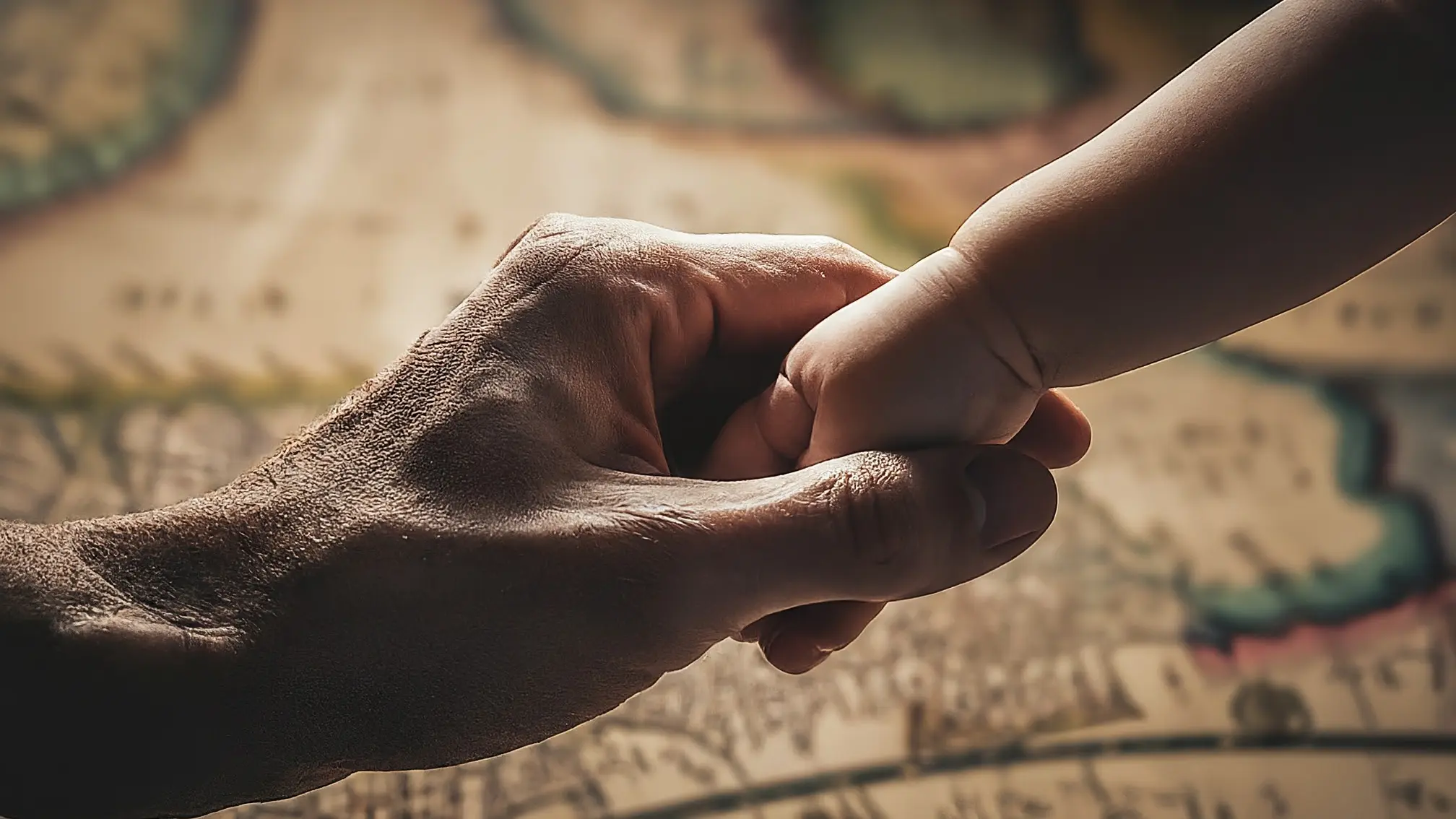 Una mano adulta sosteniendo suavemente la mano de un bebé, sobre un fondo de un mapa antiguo de España.