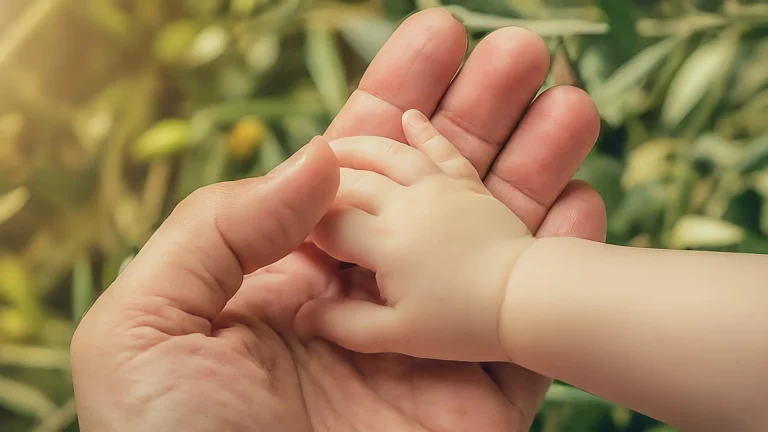 La mano de un adulto sosteniendo la mano de un bebé, sobre un fondo de hojas de olivo.