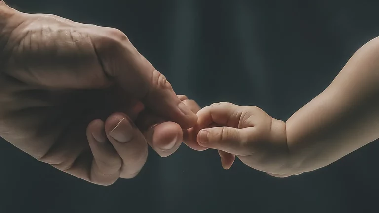 La mano de un adulto sosteniendo la mano de un bebé, sobre un fondo de textura suave.