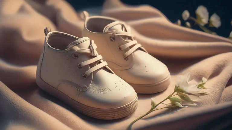 Un par de diminutos zapatitos de bebé sobre una suave manta de color crema, junto a un ramo de flores silvestres.