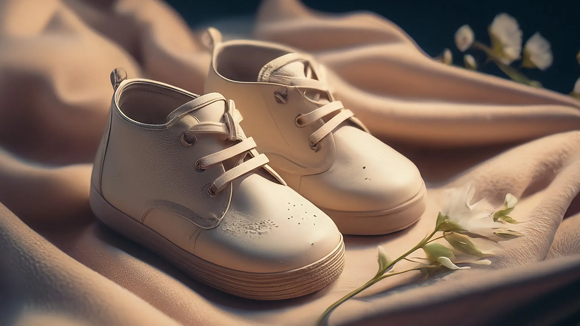 Un par de diminutos zapatitos de bebé sobre una suave manta de color crema, junto a un ramo de flores silvestres.