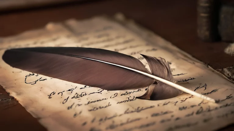 Una delicada pluma de ave posada sobre un antiguo pergamino, donde se lee la palabra 'Sofía' en letras caligráficas.