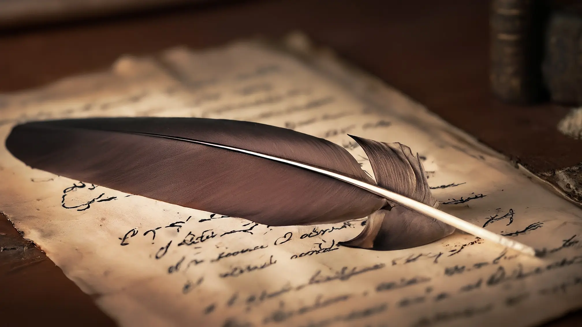 Una delicada pluma de ave posada sobre un antiguo pergamino, donde se lee la palabra 'Sofía' en letras caligráficas.