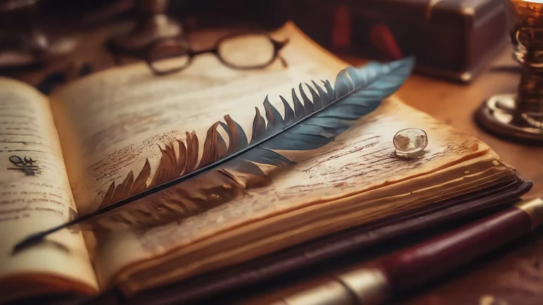 Una pluma de ave sobre un pergamino antiguo, iluminado por la luz cálida de una vela.
