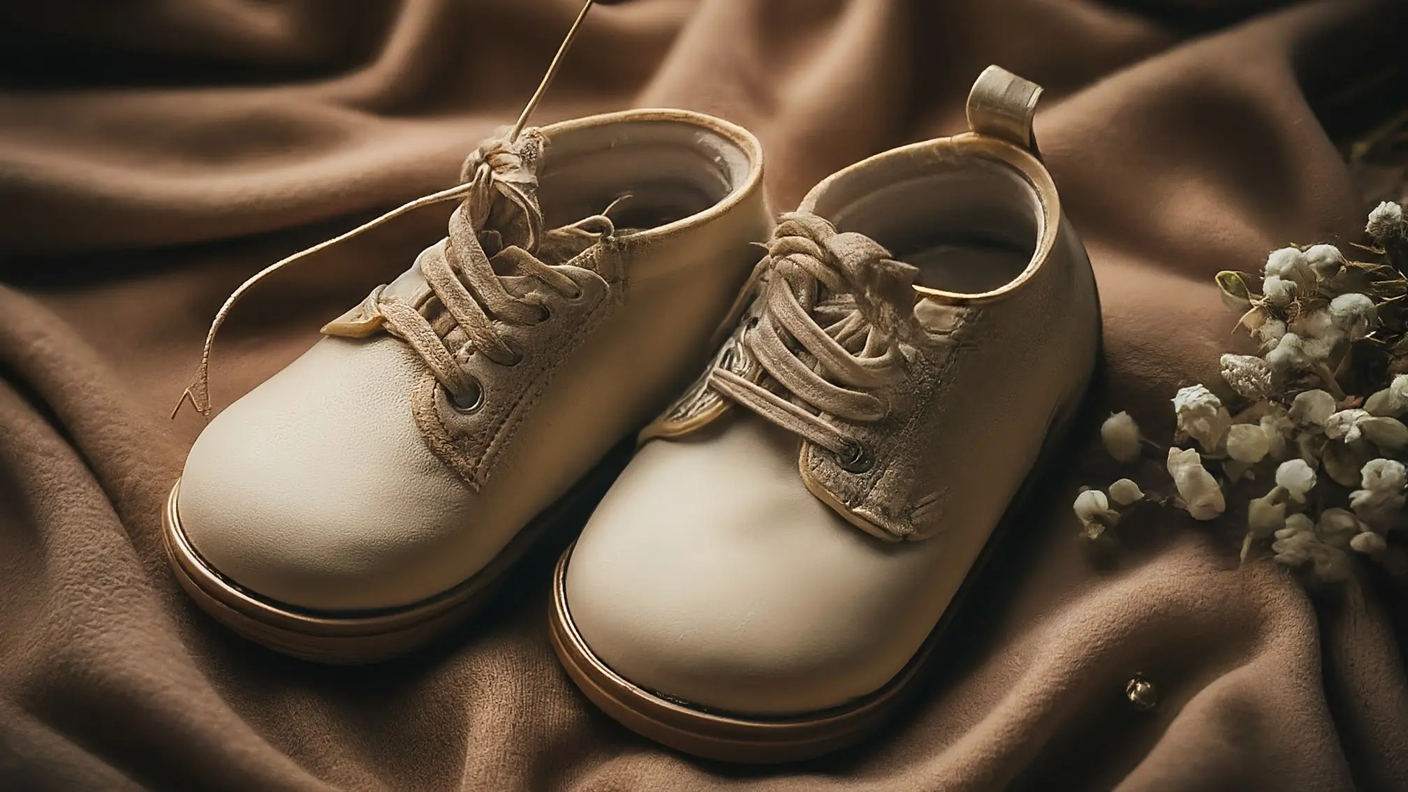 Un par de pequeños zapatitos de bebé sobre una manta suave de color crema, junto a un ramo de flores silvestres.