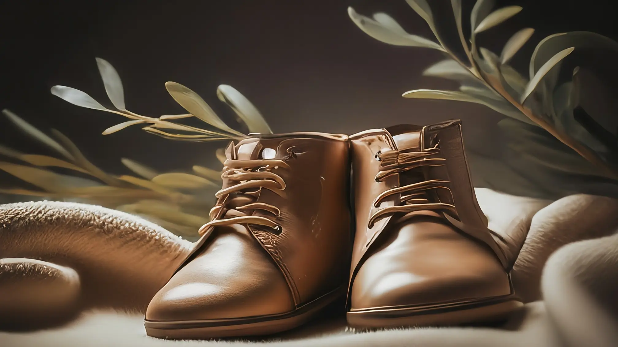 Un par de diminutos zapatitos de bebé sobre una manta suave de color crema, junto a una ramita de olivo.